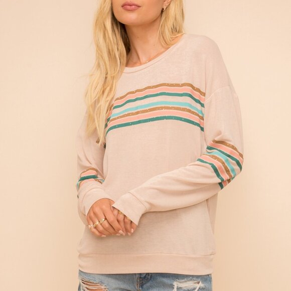 MYSTREE Striped Long Sleeve Crewneck Top, Blush Pink Retro Pullover - Picture 6 of 6